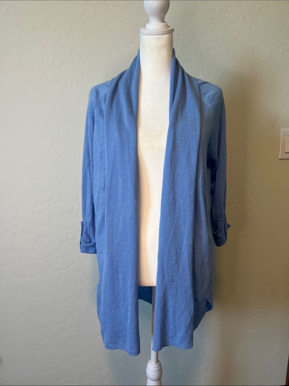 Chico's Kelli Open Front Cardigan 3/4 Sleeve Lagenlook Sweater Fairview Blue 1 M